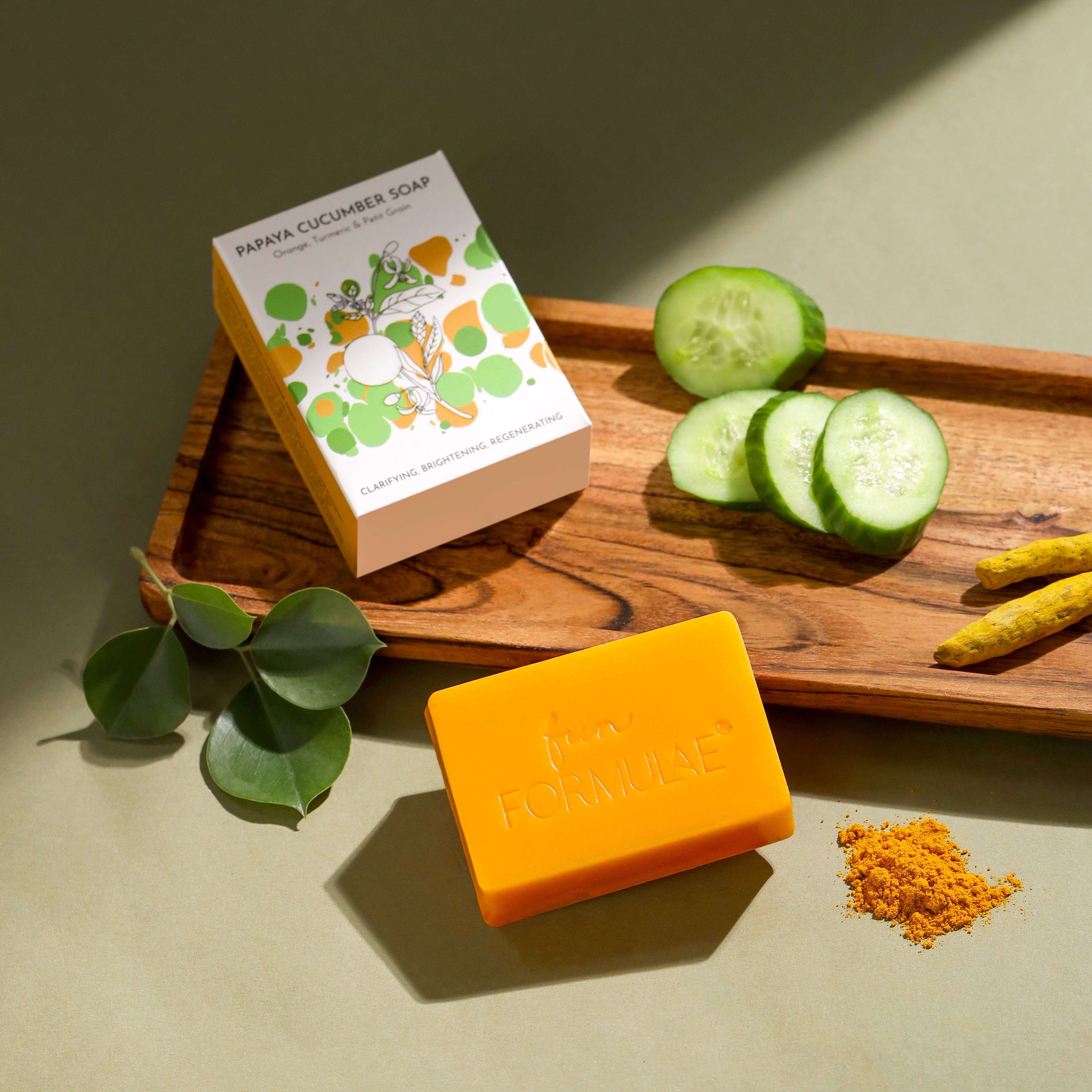 CLARIFYING BRIGHTENING PAPAYA CUCUMBER SOAP with essential oils of Orange, Turmeric and Petitgrain